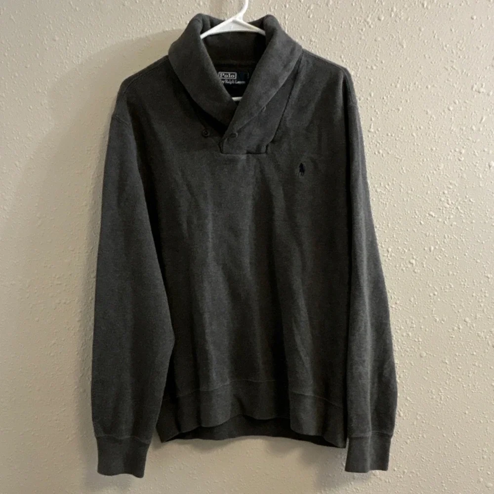 Polo Ralph Lauren Gray Shawl Collar herringbone‎ Knit Pullover Men's Size L Y2K